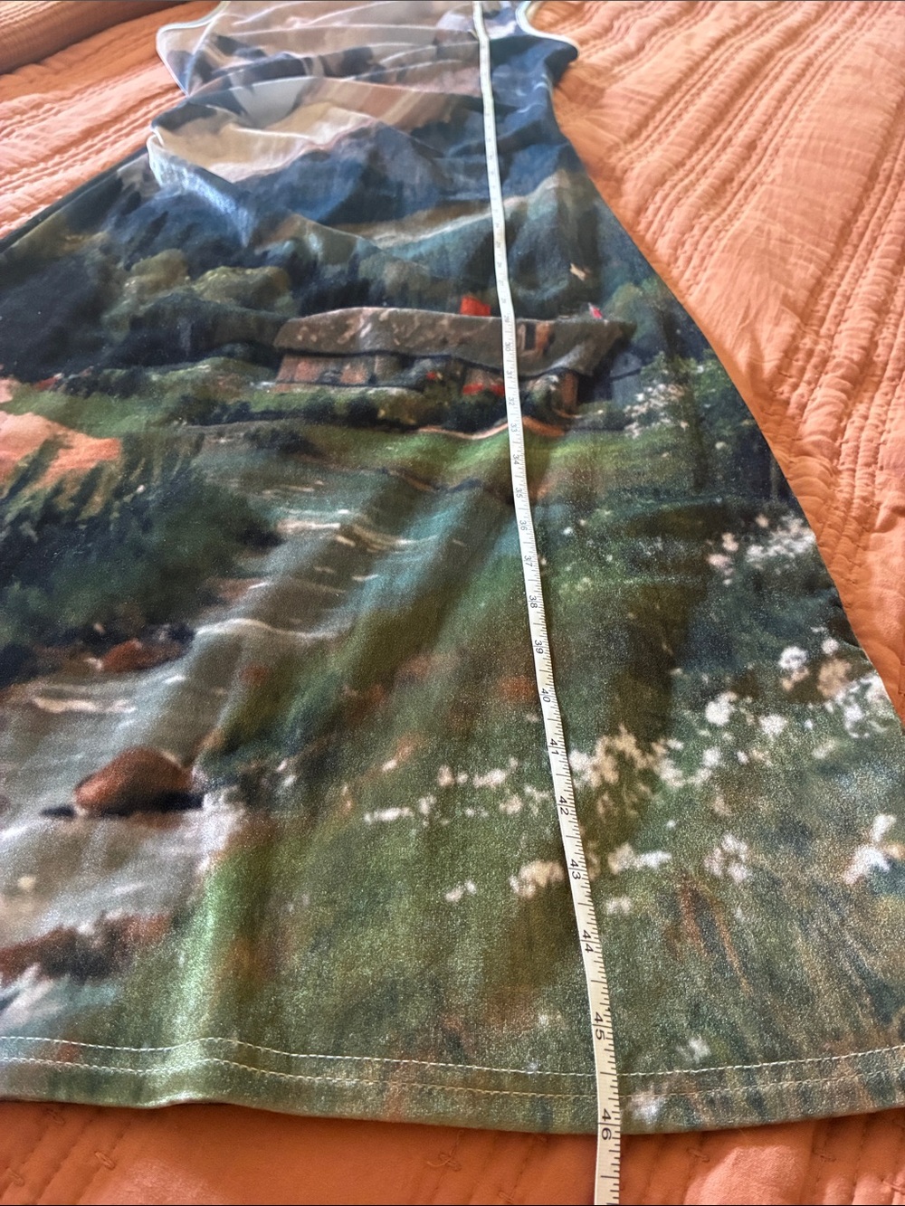 Landscape scenic pastoral print graphic body con velvet velour midi dress size M - Picture 6 of 11